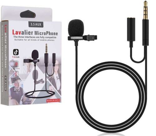 Мікрофон петличка для телефону Lavalier Micro Phone JH-043 - a 3.5 AUX провідна нагрудна петличка з затиском кліпсою і роз'ємом для навушників Чорна