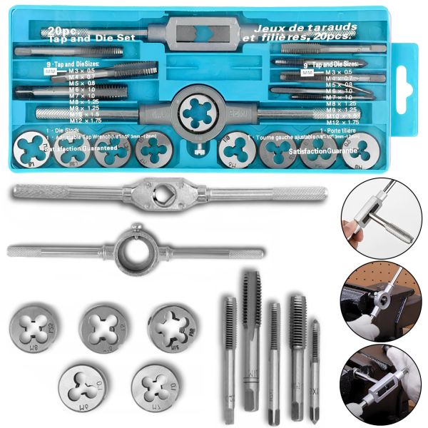 Набір мітчики і плашки Tap and Die Set M3-M12 20 штук комплект сталевих мітчиків і плашок для нарізування метричного різьблення в кейсі мічечок і лерка