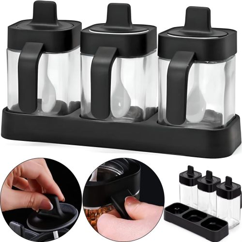 Набір контейнерів баночок Seasoning bottle set XL-730 3 відсіки по 400 мл для зберігання приправ і спецій, Комплект ємностей з кришками і ложками