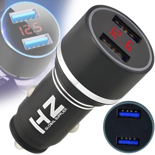 Автомобільний зарядний пристрій з вольтметром Car Charger HZ HC7 3.1 A, Адаптер для зарядки 2xUSB в прикурювач, Автозарядка з екраном Чорний