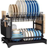 Двухуровневая настольная сушилка для посуды Dish Drying Rack с автоматическим сливным поддоном, стеллаж на 2 яруса для сушки и хранения Черная
