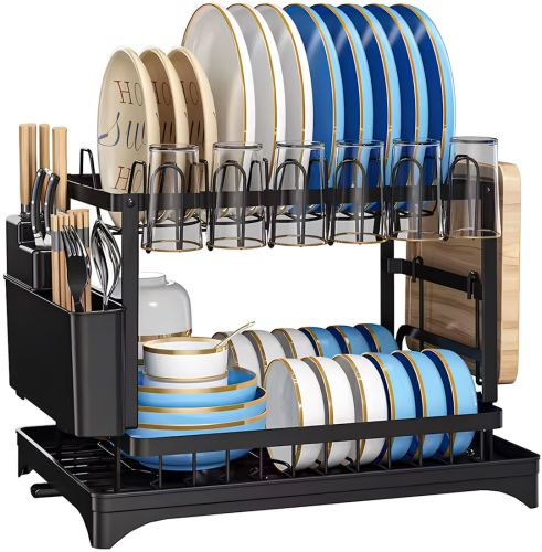 Двухуровневая настольная сушилка для посуды Dish Drying Rack с автоматическим сливным поддоном, стеллаж на 2 яруса для сушки и хранения Черная