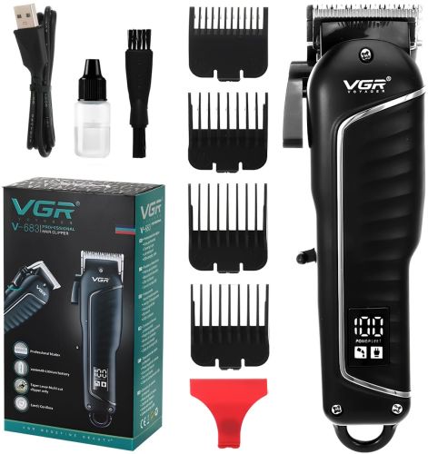 Аккумуляторная машинка для стрижки волос VGR V-683 10W беспроводной мужской триммер для окантовки бороды и усов со сменными насадками и дисплеем USB