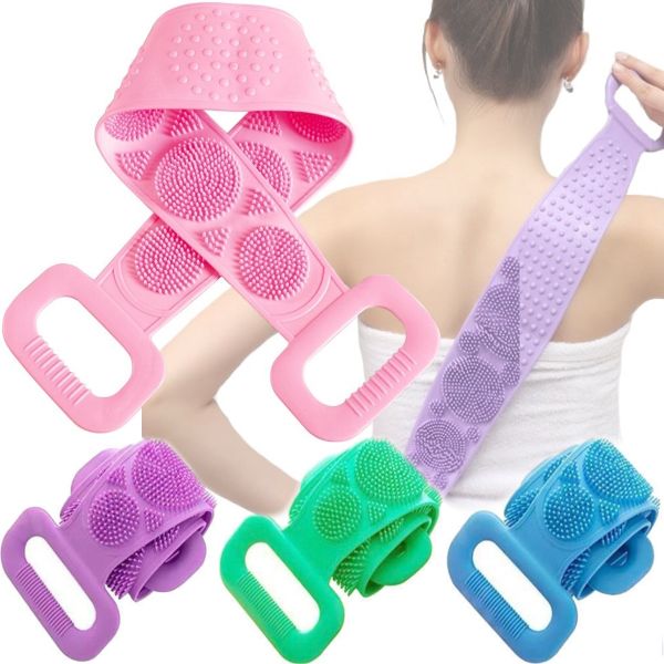 Силіконова двостороння мочалка Silicon bath towel 70см мочалка-масажер для тіла, масажна щітка для душу і ванни з ручками Silica gel Bath brush