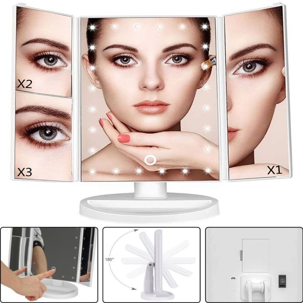 Косметичне потрійне дзеркало з сенсорною кнопкою Superstar Magnifying Mirror JN-817 3 в 1 зі збільшенням, складне дзеркало з LED підсвічуванням біле