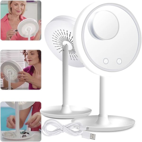 Кругле сенсорне дзеркало для макіяжу з вентилятором Beauty Breeze Mirror CM-062 настільне акумуляторне дзеркало з підсвічуванням і збільшенням біле