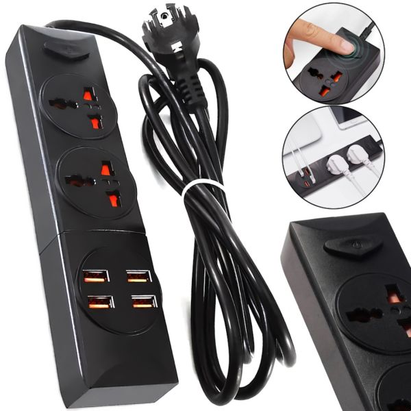 Мережевий подовжувач Power Socket BKL-01 2500W 3.4А на 2 розетки 4 USB 2 м фільтр перенесення з вимикачем для підключення приладів до мережі Чорний