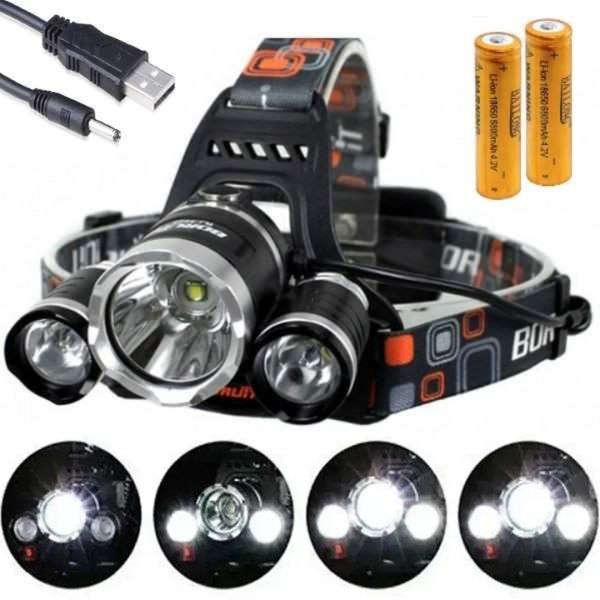 Ліхтар налобний ліхтарик 3 Led Bailong RJ-3000 T6 3 в 1 Світлодіодний потрійний ліхтар акумуляторний RJ3000 на голову