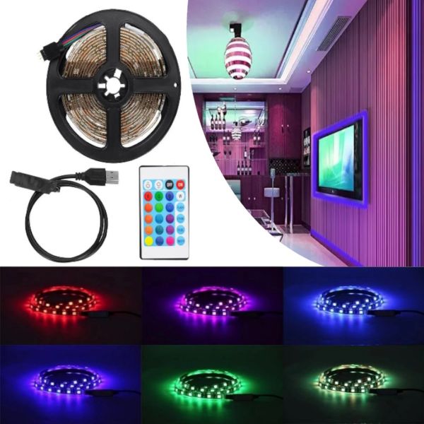 Універсальна світлодіодна стрічка SMD 5050-RGB для підсвічування телевізора 2м різнобарвна, Неонова LED підсвічування з пультом від USB повербанка