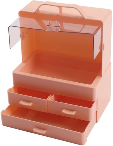 Настільний органайзер для зберігання косметики Cosmetic Storage Box GW-880 косметична поличка 4 секції з висувними ящиками і ручкою рожева