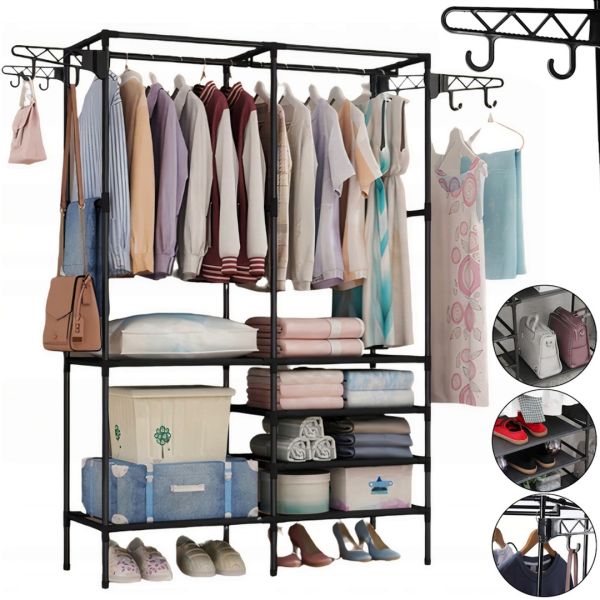 Підлогова складна вішалка для одягу Simple Coat Rack Double Row 8518 шафа-органайзер з гачками і шістьма полицями для взуття, розкладний стелаж