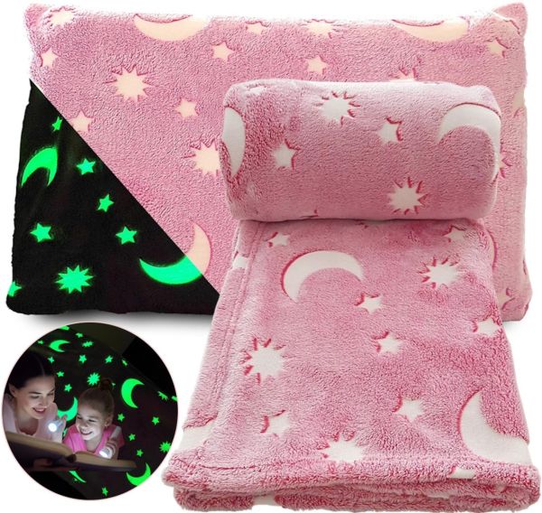 Дитячий світиться плед Magic Blanket місяць і зірки Рожевий 150х200 см плюшеве світиться покривало день-ніч, люмінесцентне покривало-плед