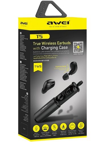 Бездротові Bluetooth навушники з кейсом Awei T5 Black вакуумні навушники-гарнітура з шумозаглушенням і мікрофоном блютуз в чохлі док-станція чорні