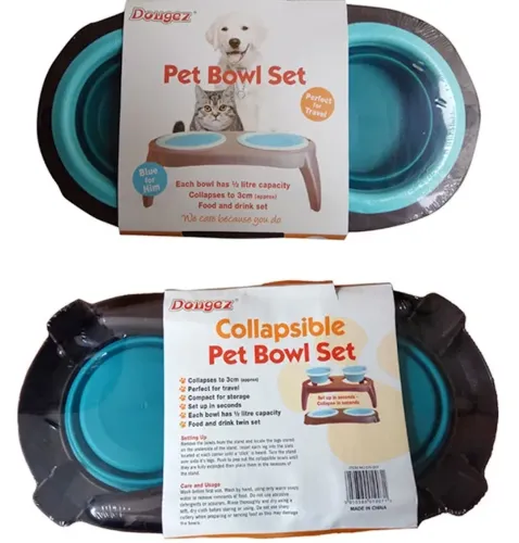 Нековзна подвійна миска Dougez Pet Bowl Set 2 в 1 для їжі і води на складаний підставці для собак і кішок 600мл, годівниця для домашніх тварин