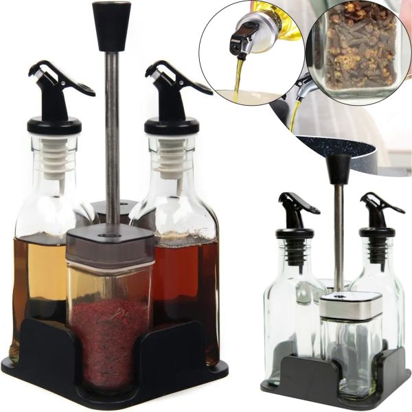 Набір кухонних ємностей Seasoning Bottle T221 - 3 для спецій, олії та оцту 4 ємності на підставці, Спецовница органайзер для зберігання приправ Чорний