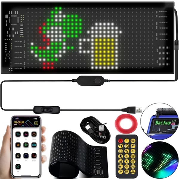 Гнучкий екран Matrix Panel JTPD-03-011 7х17.3 см 16х32 LED світлодіодна рекламна RGB стрічка в авто, рядок, що біжить, з пультом і Bluetooth WiFi