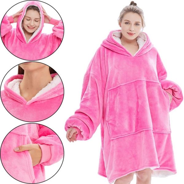 Толстовка-плед з капюшоном Huggle Hoodie Ultra Plush Blanket 2в1 унісекс оверсайз худі плюшевий плед з рукавами на флісі 74х110 см рожева