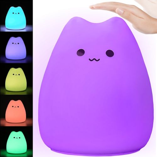 Детский сенсорный ночник Котик Little Cat Silicone Light LJC-124 7 LED цветов, настольный силиконовый светильник с RGB подсветкой на батарейках
