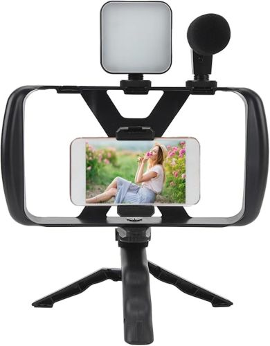 Штатив клітка для телефону Live Broadcast TL-49T 4в1 з Led підсвічуванням і мікрофоном, Монопод тримач смартфона з пультом ДУ для селфі і відео