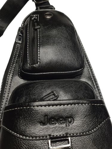 Чоловіча сумка рюкзак через плече Jeep Bags 777 38х18 см нагрудна сумка бананка на груди з отвором для навушників зі штучної шкіри Чорна