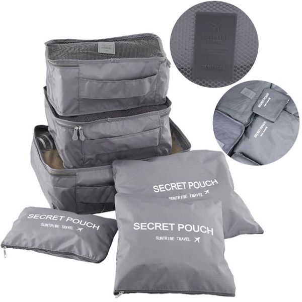 Набір дорожніх сумок органайзерів Secret Pouch 6 штук Сірі, чохли мішки для зберігання одягу у валізі, водонепроникні для подорожей laundry