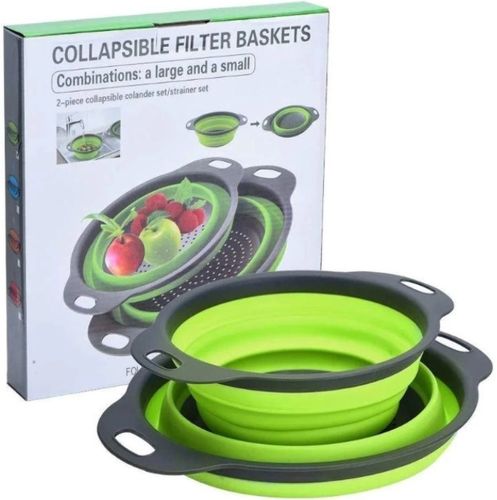 Складні силіконові кошики Kitchen Craft W-86 для овочів і фруктів, комплект з 2 штук, набір друшляків зі зливом для миття 24.5 см, 29 см