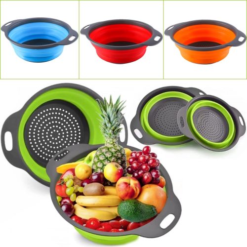 Складні силіконові кошики Kitchen Craft W-86 для овочів і фруктів, комплект з 2 штук, набір друшляків зі зливом для миття 24.5 см, 29 см