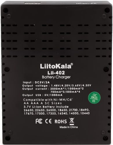 Зарядний пристрій для акумуляторів LiitoKala Lii - 402 універсальна зарядка для батарейок 18650 на 4 акумулятора C режимом Power Bank від USB