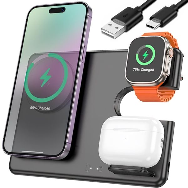 Бездротове зарядний пристрій Hoco Qi Geek Folding Black 3 в 1 магнітна зарядка магсейф для телефону і навушників IOS Android Type-C CQ1 Чорна