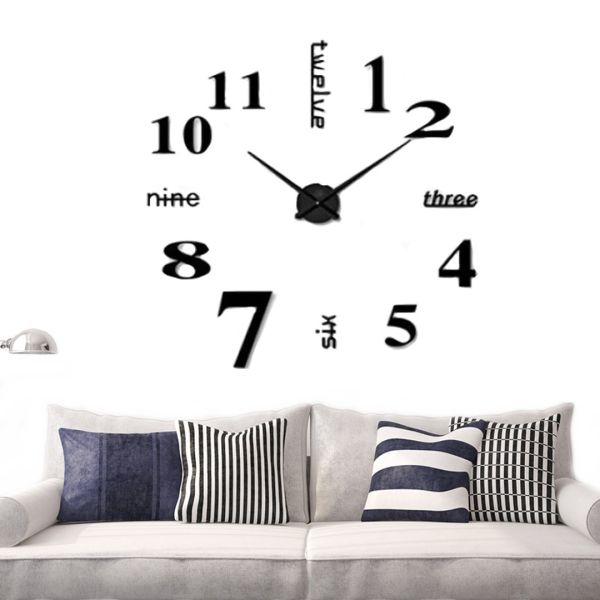 Великі 3D безшумні настінні годинники Diy Clock ZH01510 BLACK 90 см, Безкаракасні самоклеючі 3Д годинник цифри на стіну для дому, офісу чорні