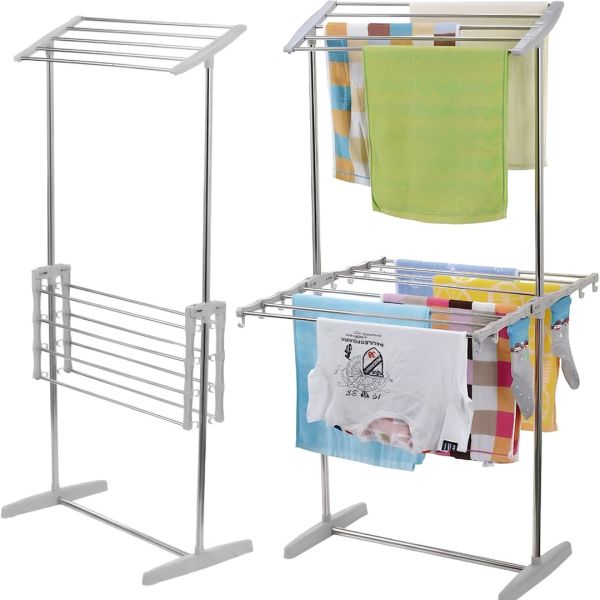 Дворівнева розкладна сушарка для білизни Mobile Folding Racks підлогова вертикальна складна вішалка, стійка сушка для одягу До 40 кг сіра
