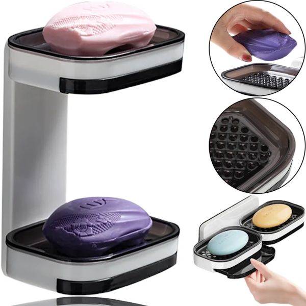 Настенная двойная мыльница органайзер для мыла Soap dish AND872 на липучке, Двухслойный держатель сушилка для губки 17х13х10см в ванную на стену