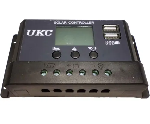 Сонячний контролер заряду АКБ UKC DP-510A 10A, 12-24В з LCD дисплеєм, контролер екран, 2хUSB для контролю заряду батарей в сонячних панелях Чорний