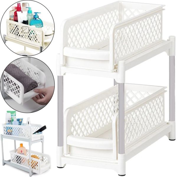 Універсальна стійка органайзер Portable 2 Tier Basket Drawers з висувними ящиками полицями для зберігання ємностей дрібниць полку підставка у ванну