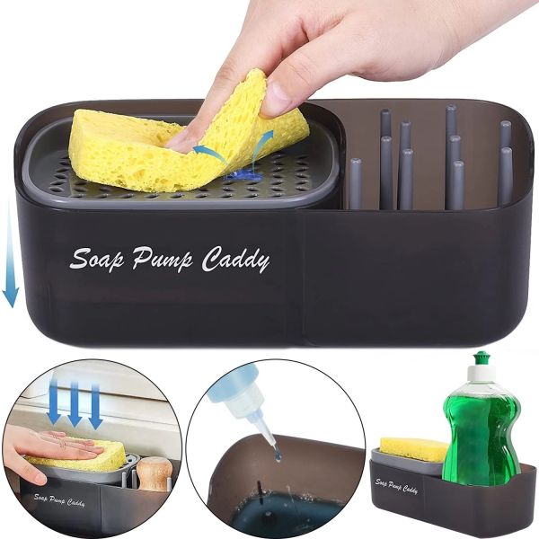 Натискний диспенсер органайзер Soap pump caddy для миючого засобу і кухонної губки 300мл, підставка для губок з мильницею дозатором Чорний