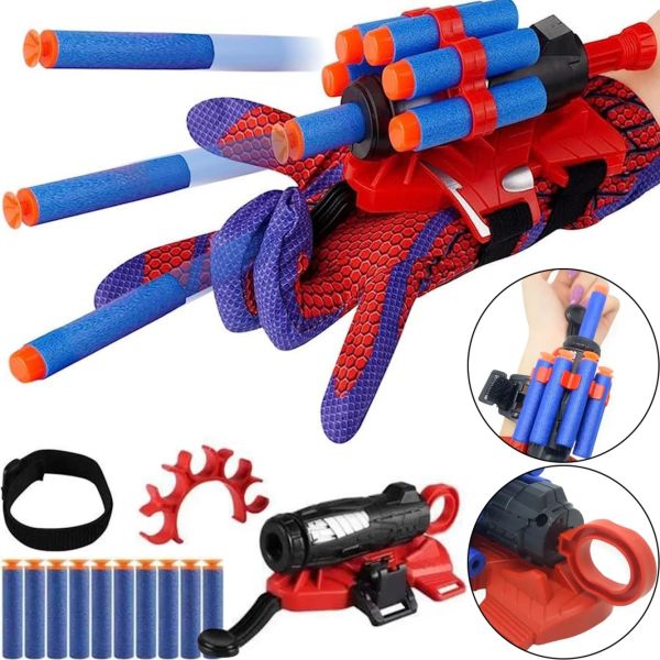 Дитяча іграшка рукавичка бластер Людина павук Spider man gloves з 10 м'якими кулями, Іграшкова зброя пістолет Спайдер мен на руку з барабаном