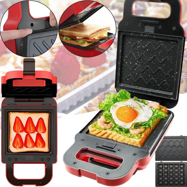 Електрична сэндвичница вафельниця Breakfast Machine BQ ST1008 зі змінними панелями 600W, бутербродниця для приготування сендвічів від мережі 220V Червона
