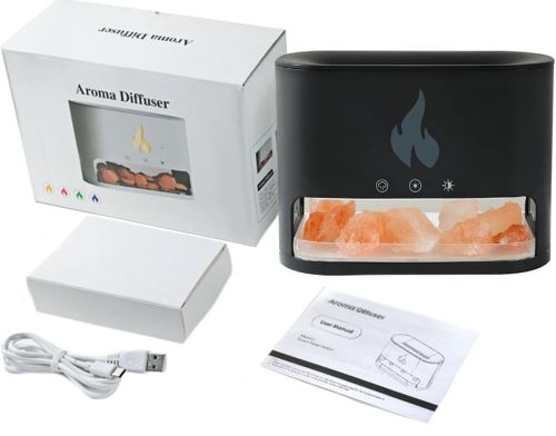 Настольный увлажнитель воздуха ночник с соляными камнями Docsal Flame Aroma Diffuser CAO с LED подсветкой 5W, Соляная лампа аромадиффузор Черный
