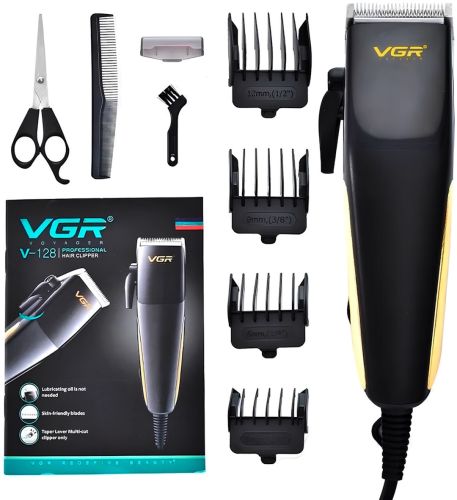 Дротова машинка для стрижки волосся VGR V-128 7W професійний тример для окантовки бороди і вусів від мережі зі змінними насадками і ножицями