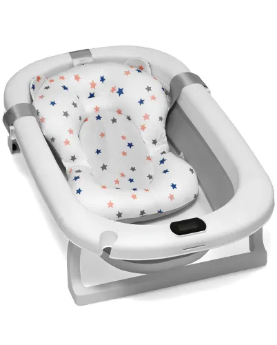 Складна дитяча ванна для купання Smart Babyhood BH-334G розкладна ванночка для немовлят з LED термометром, подушкою і ручкою для душу Сіра