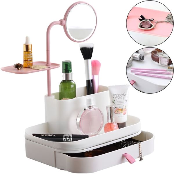 Органайзер для косметики Cosmetic organizer and mirror 7009 настільний бокс з дзеркалом і висувними ящиками, полички для зберігання біжутерії Білий