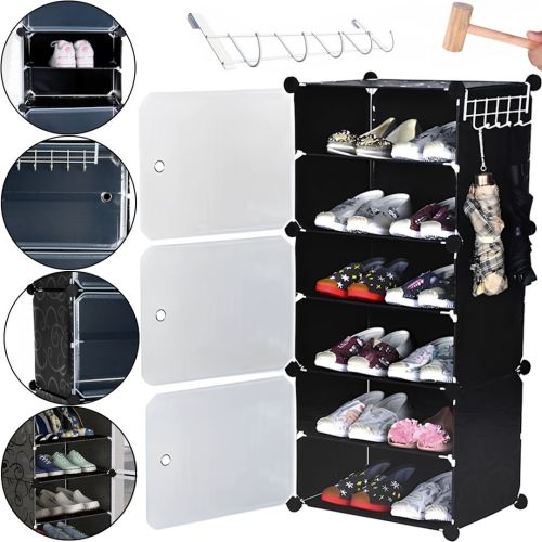 Складаний шафа органайзер для взуття Storage Cube Cabinet D1 - 3 42х32х95см Пластикова тумба з дверцятами на 3 секції і 6 поличок для одягу Чорна