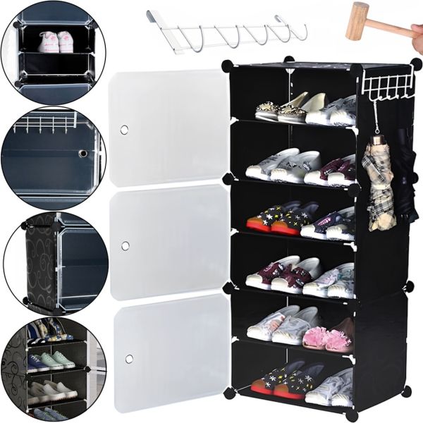 Складаний шафа органайзер для взуття Storage Cube Cabinet D1 - 3 42х32х95см Пластикова тумба з дверцятами на 3 секції і 6 поличок для одягу Чорна