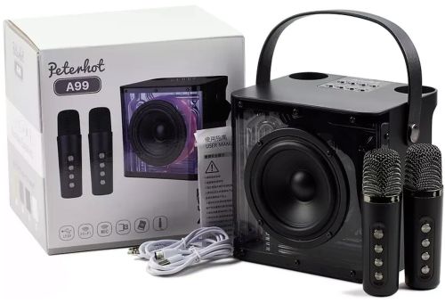 Акумуляторна колонка караоке Peterhot A99 акустична Bluetooth система з двома бездротовими мікрофонами і RGB світломузикою usb MicroSD CL-227