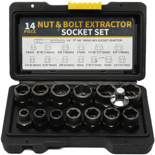 Набір екстракторів Nut Extractor ES - 14 комплект інструментів для видалення і вилучення ударних пошкоджених болтів, гайок і гвинтів в кейсі 14 штук