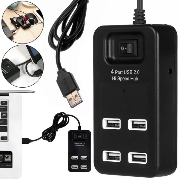 Розгалужувач Hi-Speed Hub 4 Port USB 2.0 P-1601 хаб концентратор із вимикачем на 4 юсб порти до 480 Мбіт/с для комп'ютера і ноутбука Чорний