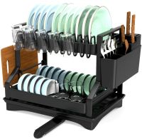 Двухуровневая настольная сушилка для посуды Dish Drying Rack с автоматическим сливным поддоном, стеллаж на 2 яруса для сушки и хранения Черная
