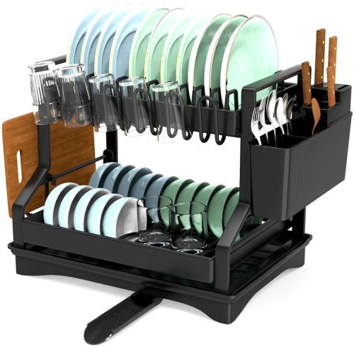 Двухуровневая настольная сушилка для посуды Dish Drying Rack с автоматическим сливным поддоном, стеллаж на 2 яруса для сушки и хранения Черная