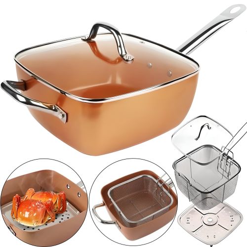Універсальна сковорода Copper Cook Deep Square Pan Ampowar 24 см з фритюром і пароваркою з кришкою, антипригарна сковорідка фритюрниця з друшляком
