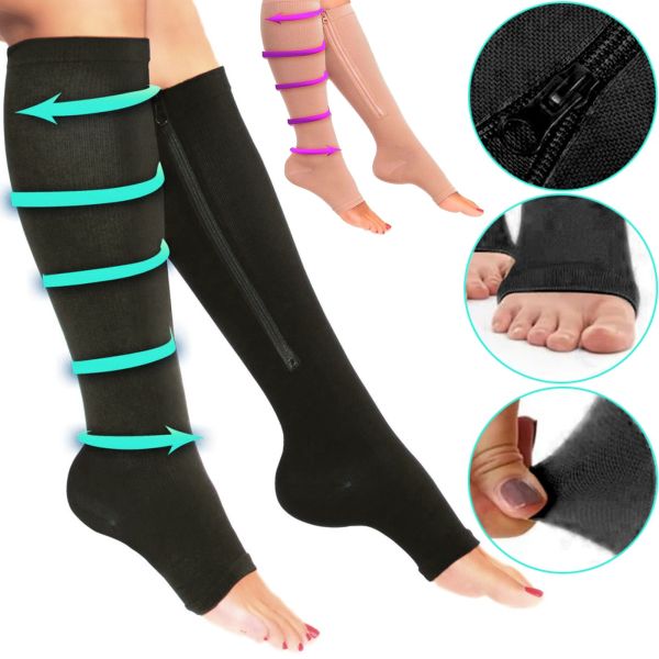 Компресійні гольфи від варикозу Zip Sox, облягаючі лікувальні панчохи, шкарпетки для фіксації щиколоток Зіп Сокс зі змійкою, чорні S / M, L / XL